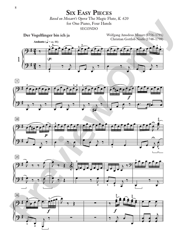 Mozart/Neefe - Six Easy Pieces - Based on Mozart's Opera The Magic Flute, K. 620  - 1 Pianos, 4 Hands (Digital Download)