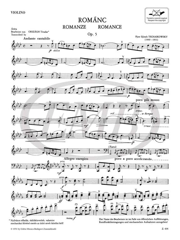 Tchaikovsky - Romance Op5 - Violin/Piano Accompaniment edited by Orszagh EMB Z434