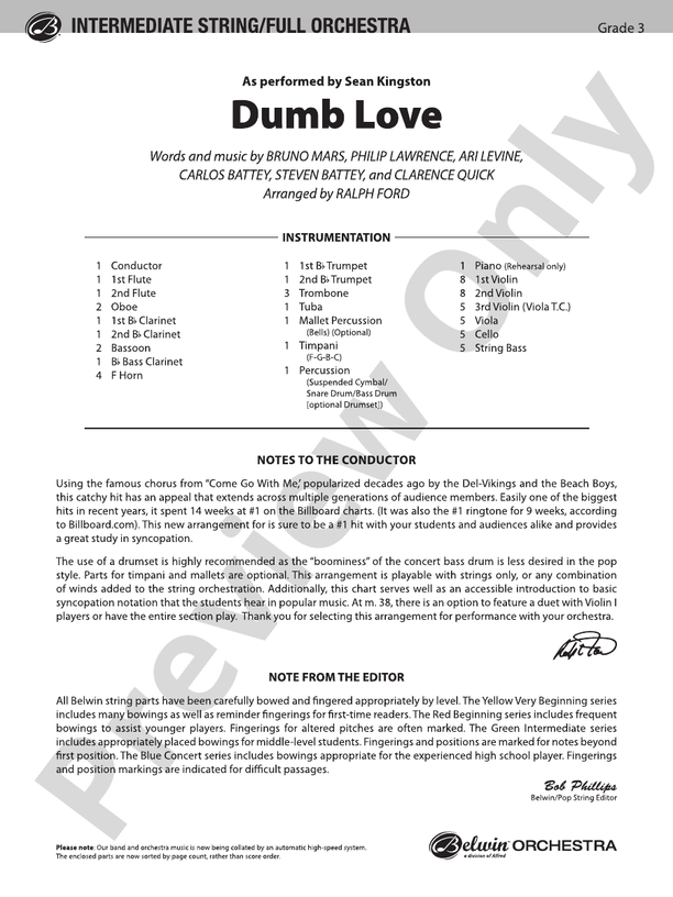 Dumb Love - Full Orchestra Conductor Score & Parts (Digital Download)