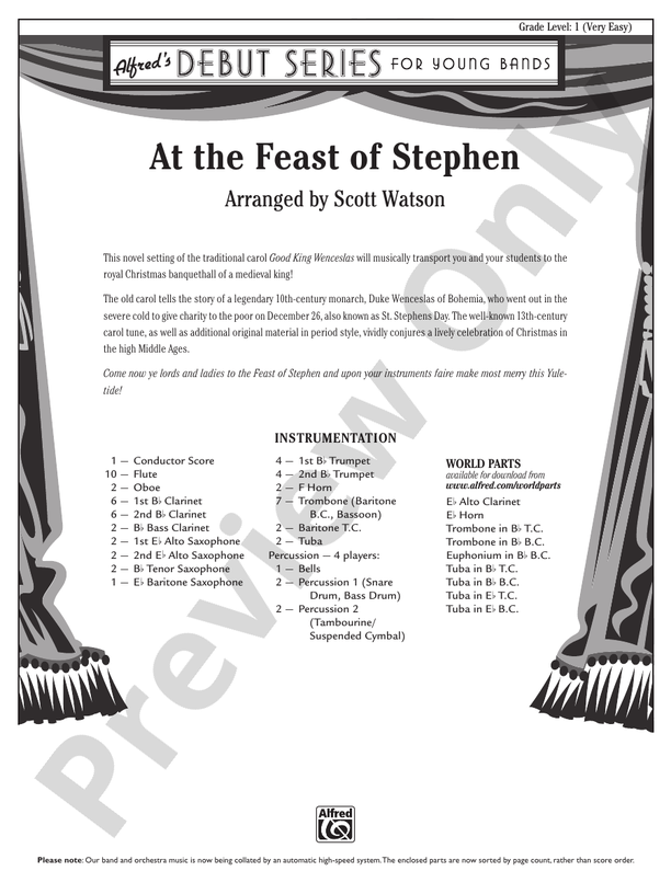 At the Feast of Stephen (Scott Watson) - Concert Band Conductor Score & Parts (Digital Download)
