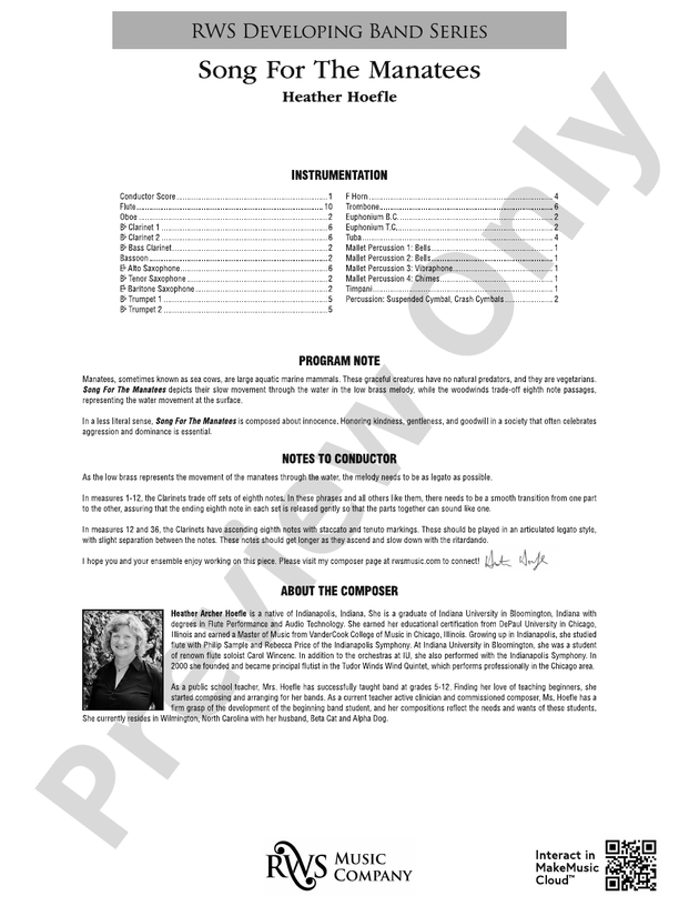 Song For The Manatees - Concert Band Conductor Score & Parts(Digital Download)