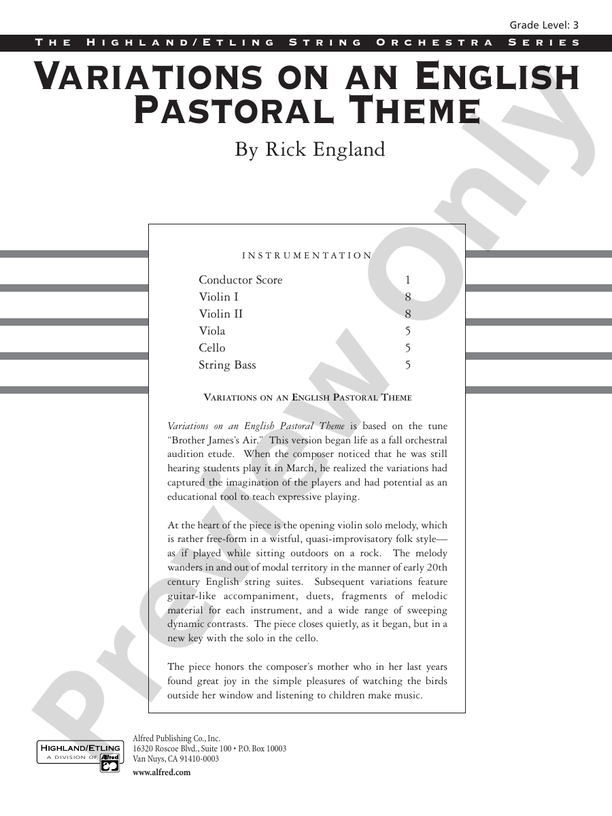 Variations on an English Pastoral Theme – String Orchestra Conductor Score & Parts (Digital Download)