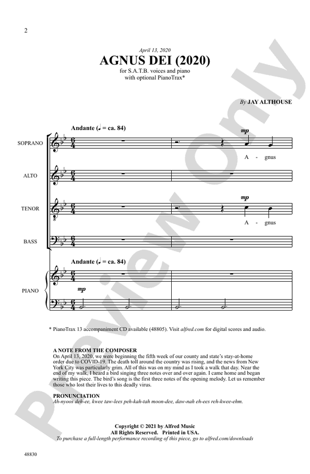 Agnus Dei 2020 - SATB Choral Octavo (Digital Download)