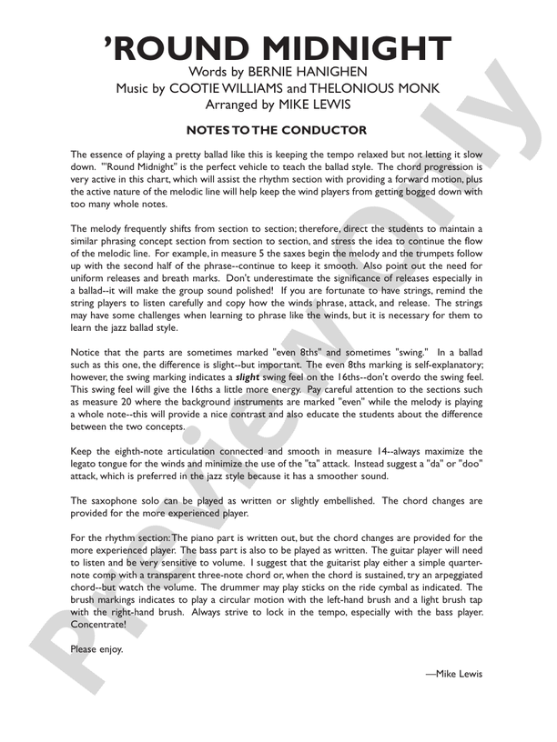 Round Midnight (Arr. Mike Lewis) - Jazz Ensemble Conductor Score & Parts (Digital Download)