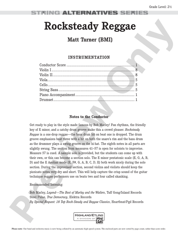 Rocksteady Reggae – String Orchestra Conductor Score & Parts (Digital Download)