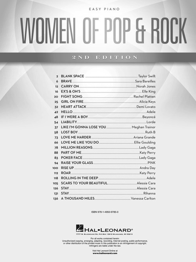 Women Of Pop & Rock Easy Piano 2Nd Edition - Piano;Vocal - Hal Leonard