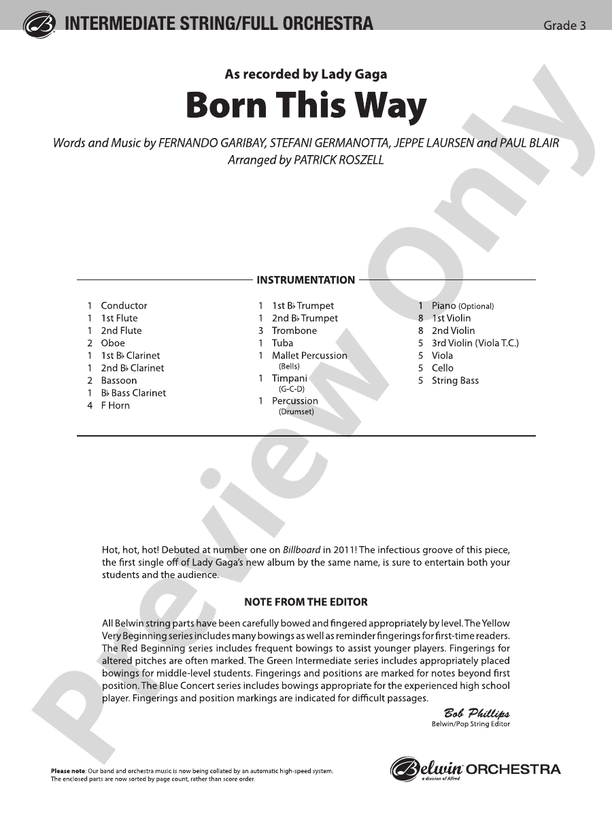 Born This Way - Full Orchestra Conductor Score & Parts (Digital Download)