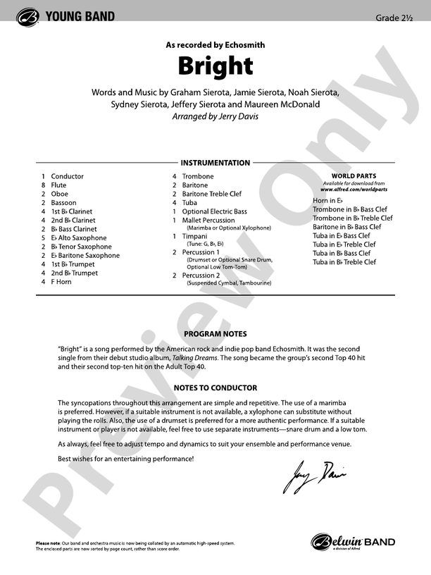 Bright - Concert Band Conductor Score & Parts (Digital Download)