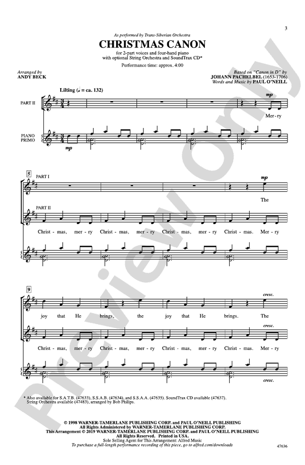 Christmas Canon - Arr. Andy Beck – 2-Part Choral Octavo (Digital Download)