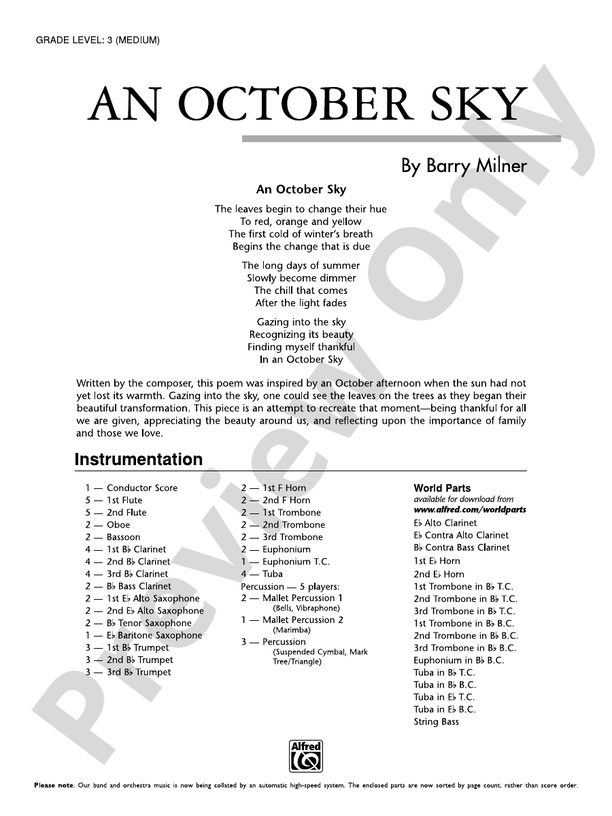 An October Sky - Concert Band Conductor Score & Parts (Digital Download)