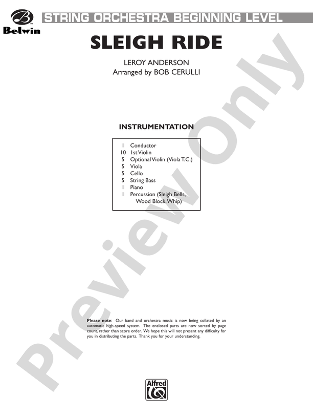 Sleigh Ride (Grade 1) – String Orchestra Conductor Score & Parts (Digital Download)