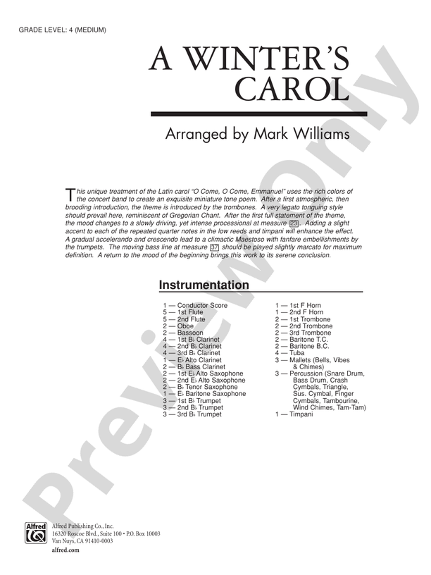 A Winter's Carol - Concert Band Conductor Score & Parts (Digital Download)