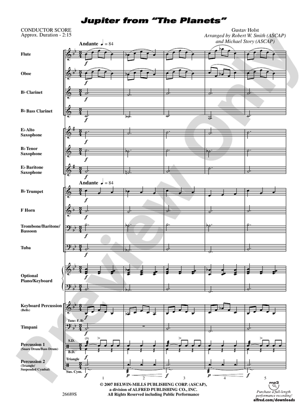 Jupiter from "The Planets" (Grade 1) - Concert Band Conductor Score & Parts (Digital Download)