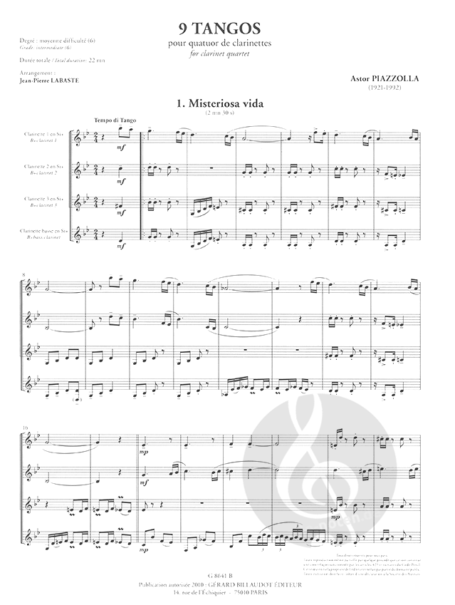 Piazzolla - 9 Tangos - 4 Clarinets Score/Parts arranged by Labaste Billaudot G8641B