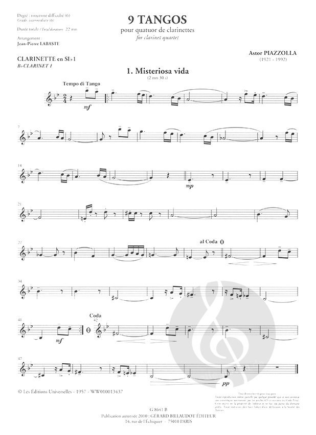 Piazzolla - 9 Tangos - 4 Clarinets Score/Parts arranged by Labaste Billaudot G8641B
