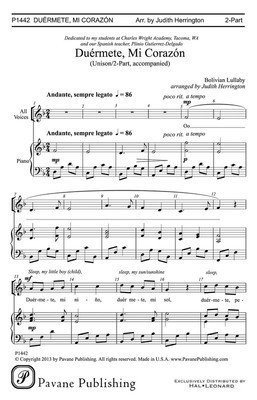 Duí©rmete Mi Corazon - Bolivian Lullaby - Unison/2-Part Judith Herrington Pavane Publishing Choral Score Octavo