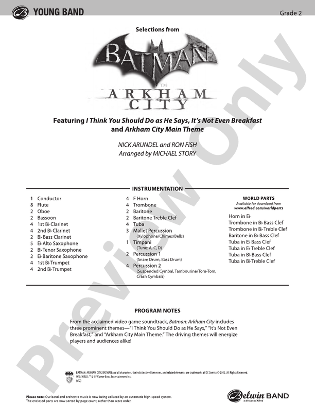 Batman: Arkham City, Selections from - Concert Band Conductor Score & Parts (Digital Download)