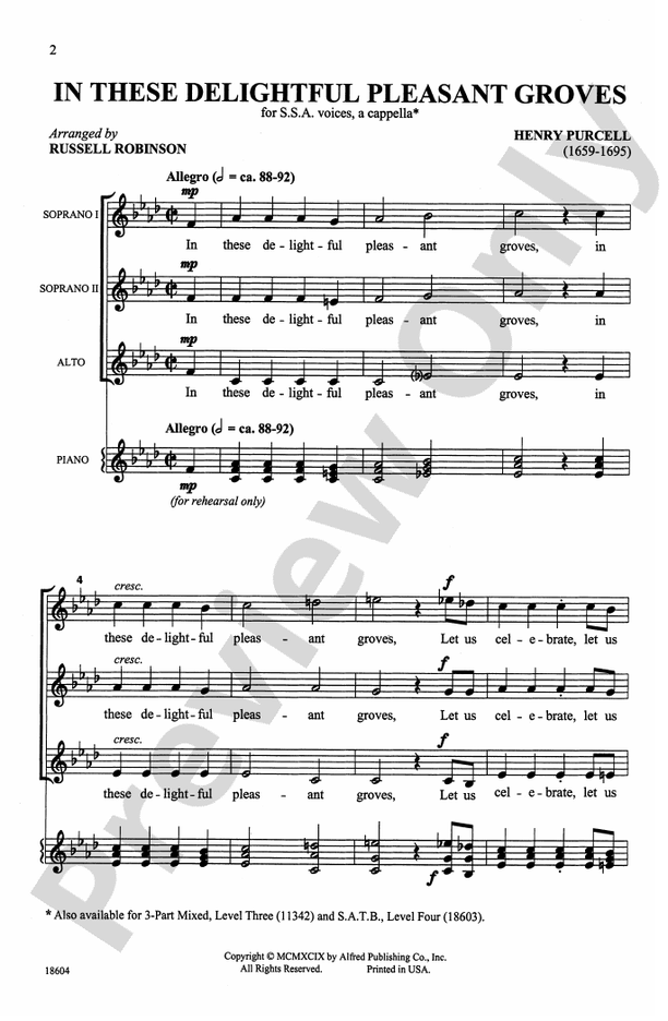 In These Delightful Pleasant Groves – SSA, a cappella Choral Octavo (Digital Download)