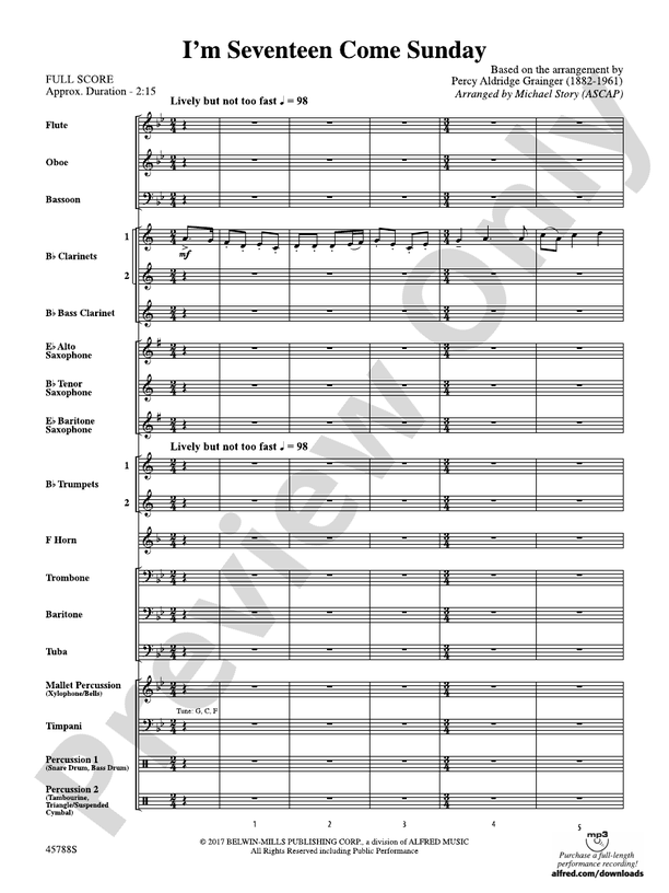 I'm Seventeen Come Sunday (Grade 2) - Concert Band Conductor Score & Parts (Digital Download)