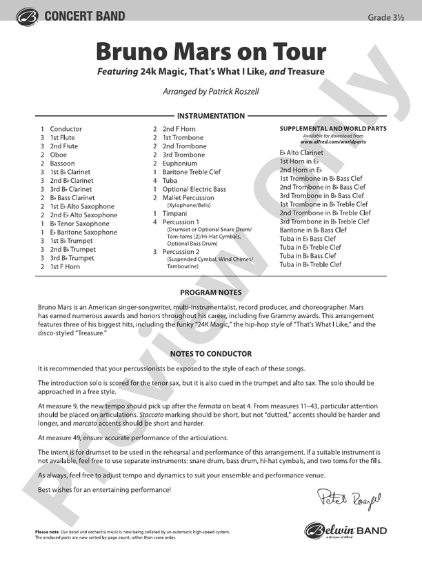 Bruno Mars on Tour - Concert Band Conductor Score & Parts (Digital Download)