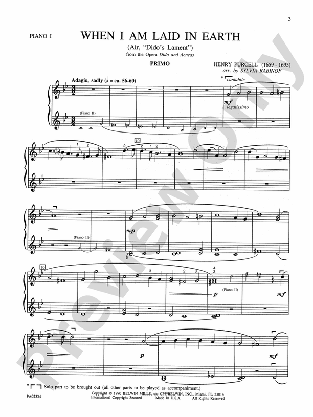 When I Am Laid in Earth (Air, "Dido's Lament" from the opera Dido and Aeneas) - 2 Pianos, 8 Hands (Digital Download)