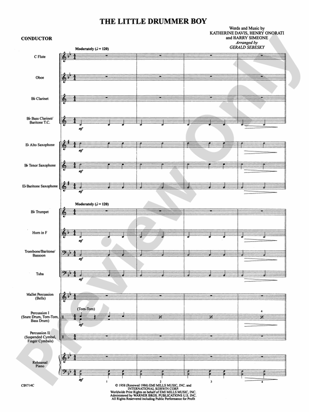 The Little Drummer Boy (Grade 1) - Concert Band Conductor Score & Parts (Digital Download)