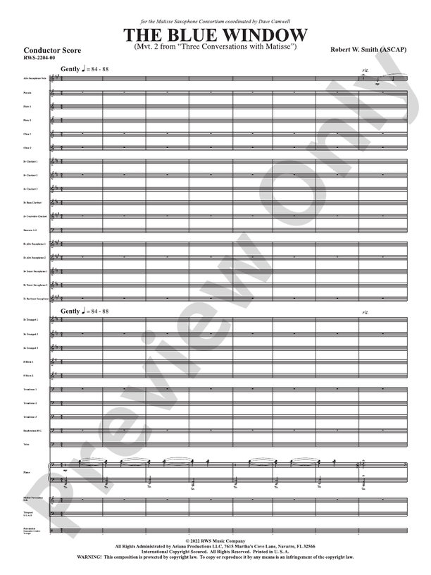 The Blue Window - Mvt. 2 from Three Conversations with Matisse - Concert Band Conductor Score & Parts (Digital Download)