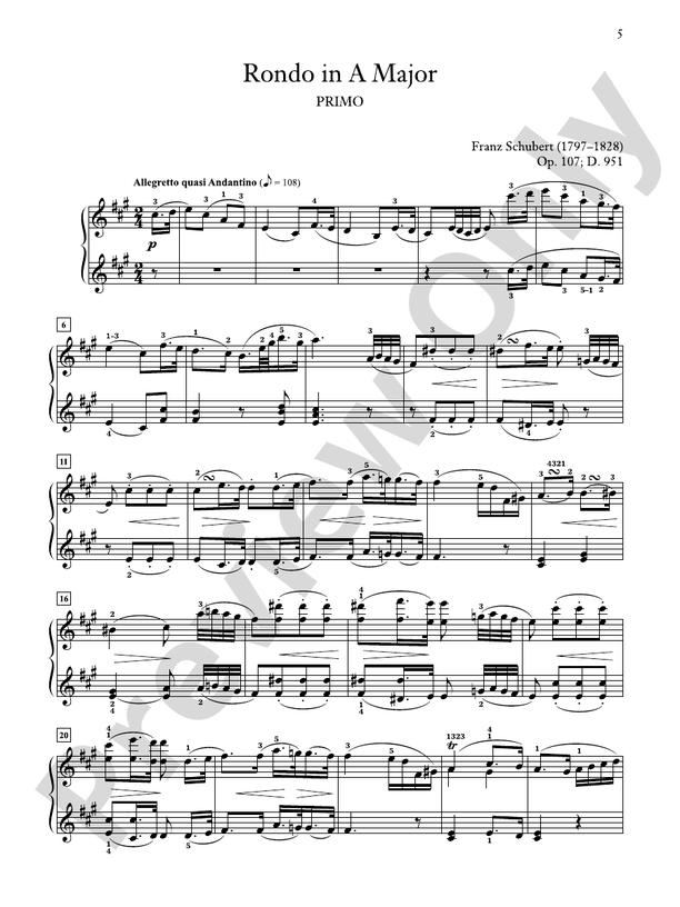 Schubert - Rondo in A Major, Opus 107, D. 951 - 1 Piano, 4 Hands (Digital Download)
