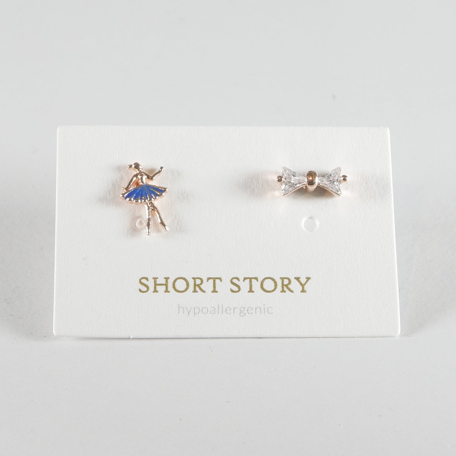 Gold Ballerina and Bow Stud Earrings with a Blue Tutu