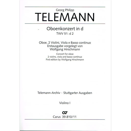 Telemann - Concerto in Dmin - Oboe/String Orchestra Violin 1 Part Carus Verlag 39.810/11