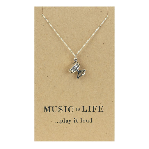 Necklace with Snare Drum Pendant Sterling Silver 'Music is Life Play it Loud' 40cm Chain