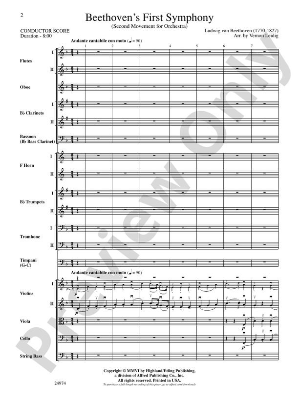 Beethoven's First Symphony, Second Movement – Full Orchestra Conductor Score & Parts (Digital Download)