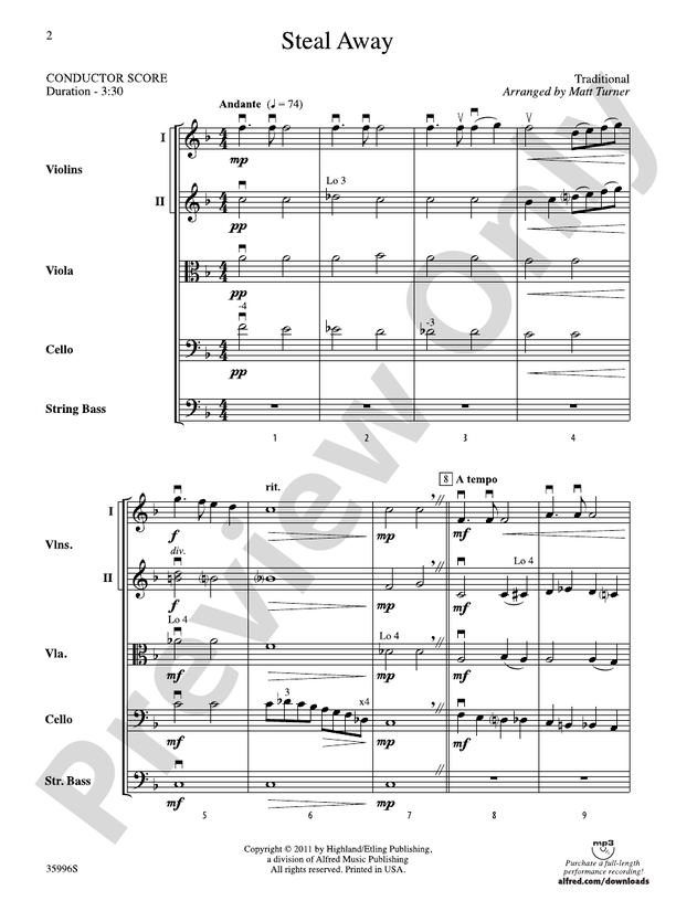 Steal Away – String Orchestra Conductor Score & Parts (Digital Download)