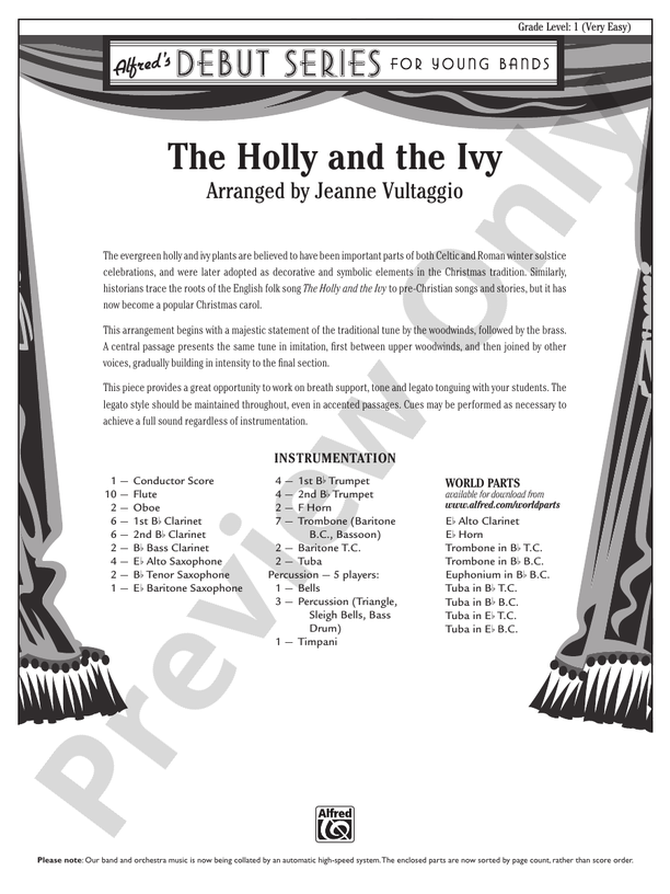 The Holly and the Ivy (Arr. Jeanne Vultaggio) - Concert Band Conductor Score & Parts (Digital Download)