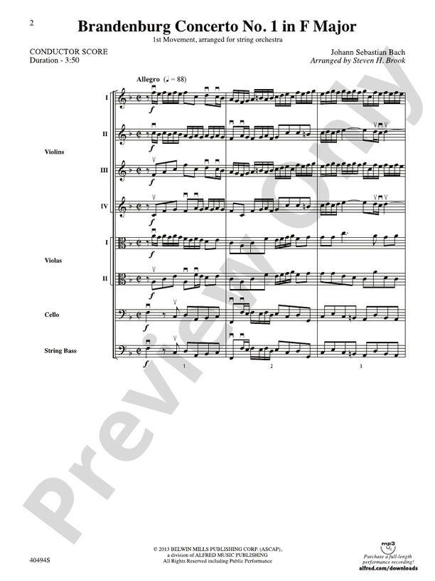 Brandenburg Concerto No. 1 in F Major – String Orchestra Conductor Score & Parts (Digital Download)