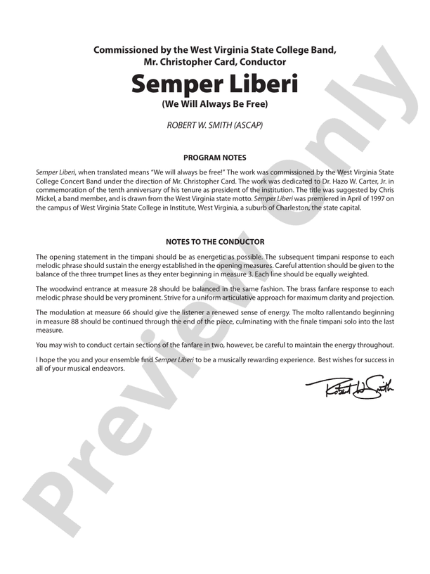 Semper Liberi (We Will Always Be Free) - Concert Band Conductor Score & Parts (Digital Download)