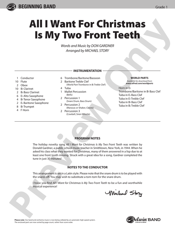 All I Want for Christmas Is My Two Front Teeth - Concert Band Conductor Score & Parts (Digital Download)