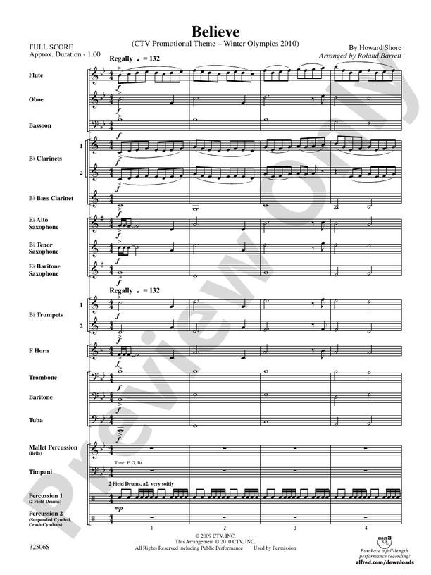 Believe (Winter Olympics 2010) Grade 2 - Concert Band Conductor Score & Parts (Digital Download)