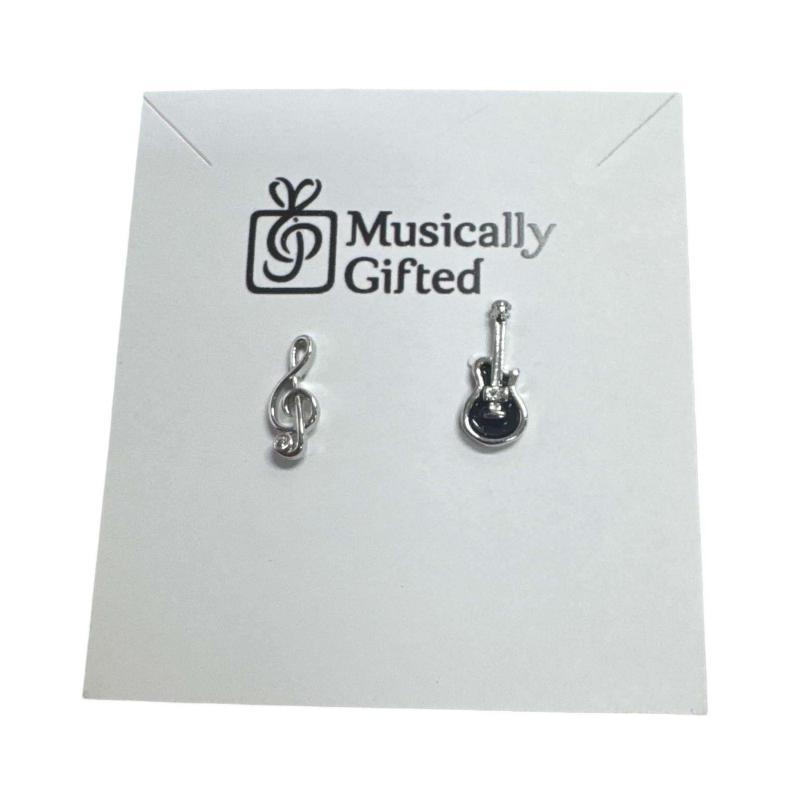 Silver and Black Guitar and Treble Clef Earrings Stud
