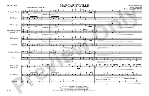 Margaritaville (Arr. Jerry Burns) – Marching Band Conductor Score & Parts (Digital Download)
