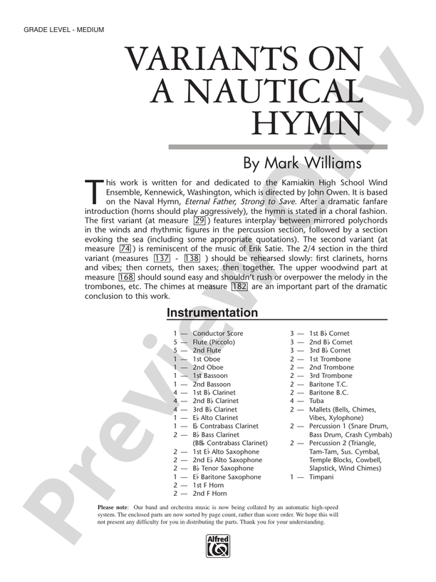Variations on a Nautical Hymn - Concert Band Conductor Score & Parts (Digital Download)