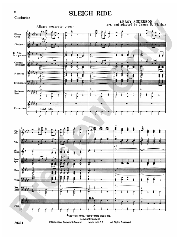 Sleigh Ride (Grade 2 Arr. James D Ployhar) - Concert Band Conductor Score & Parts (Digital Download)