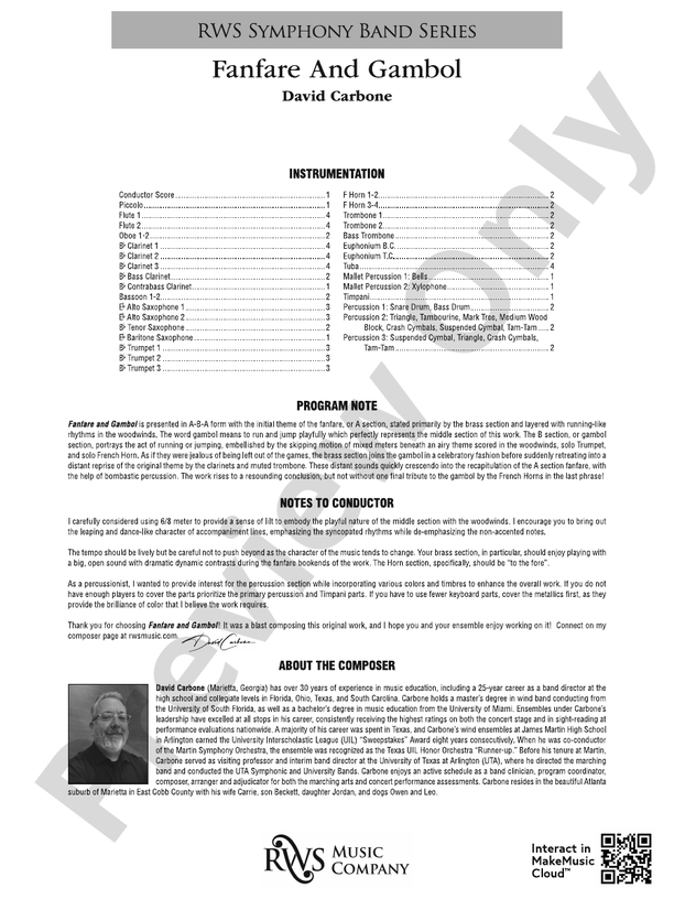 Fanfare And Gambol - Concert Band Conductor Score & Parts(Digital Download)