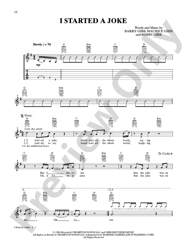 I Started a Joke - Interm./Easy Guitar TAB (Digital Download)