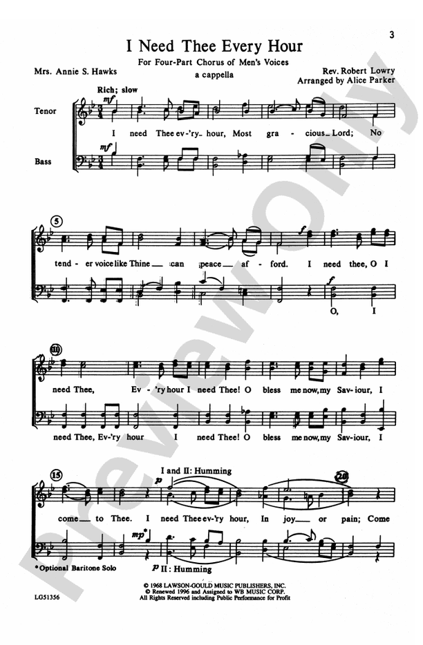 I Need Thee Every Hour – TTBB Choral Octavo (Digital Download)