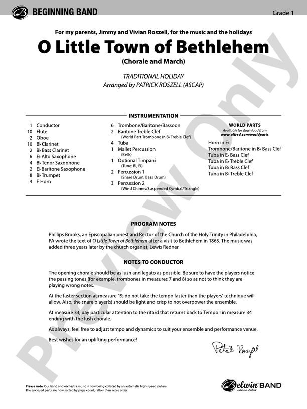 O Little Town of Bethlehem (Grade 1) - Concert Band Conductor Score & Parts (Digital Download)