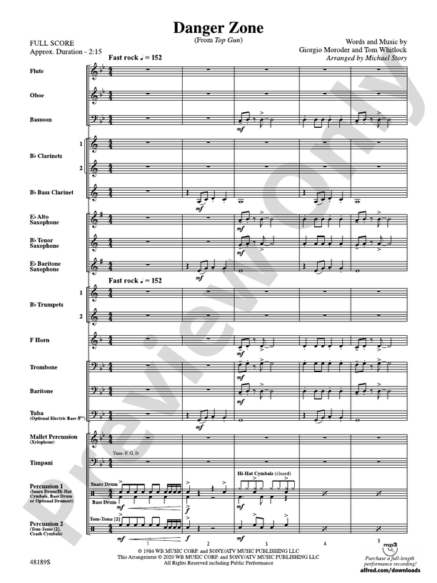 Danger Zone - Concert Band Conductor Score & Parts (Digital Download)