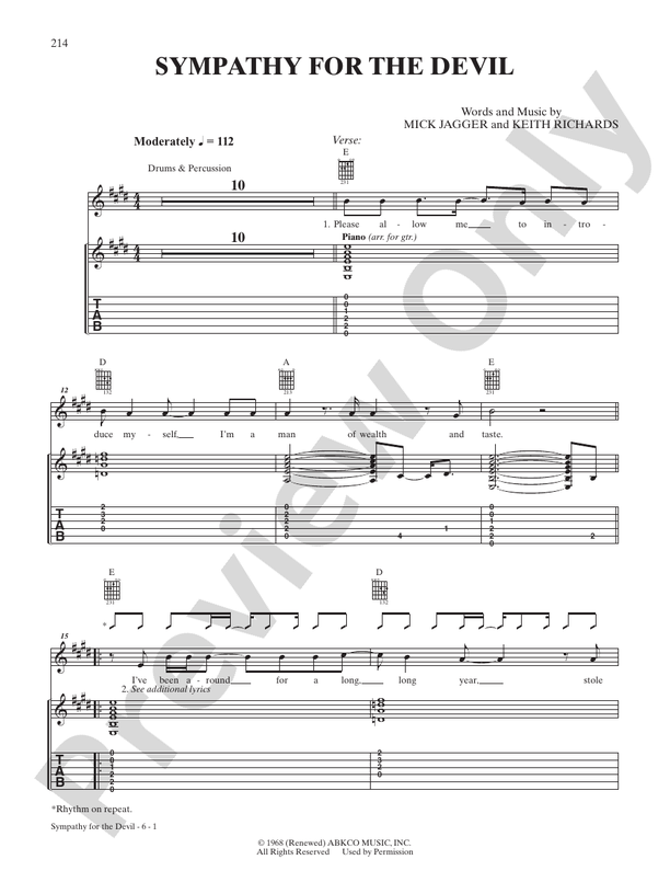 Sympathy for the Devil - Interm./Easy Guitar TAB (Digital Download)