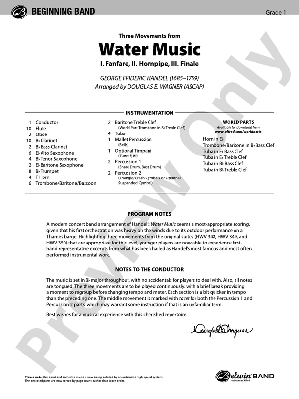 Three Movements from Water Music - Concert Band Conductor Score & Parts (Digital Download)