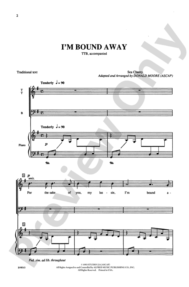 I'm Bound Away – TTB Choral Octavo - Digital Sheet Music Download (Digital Download)